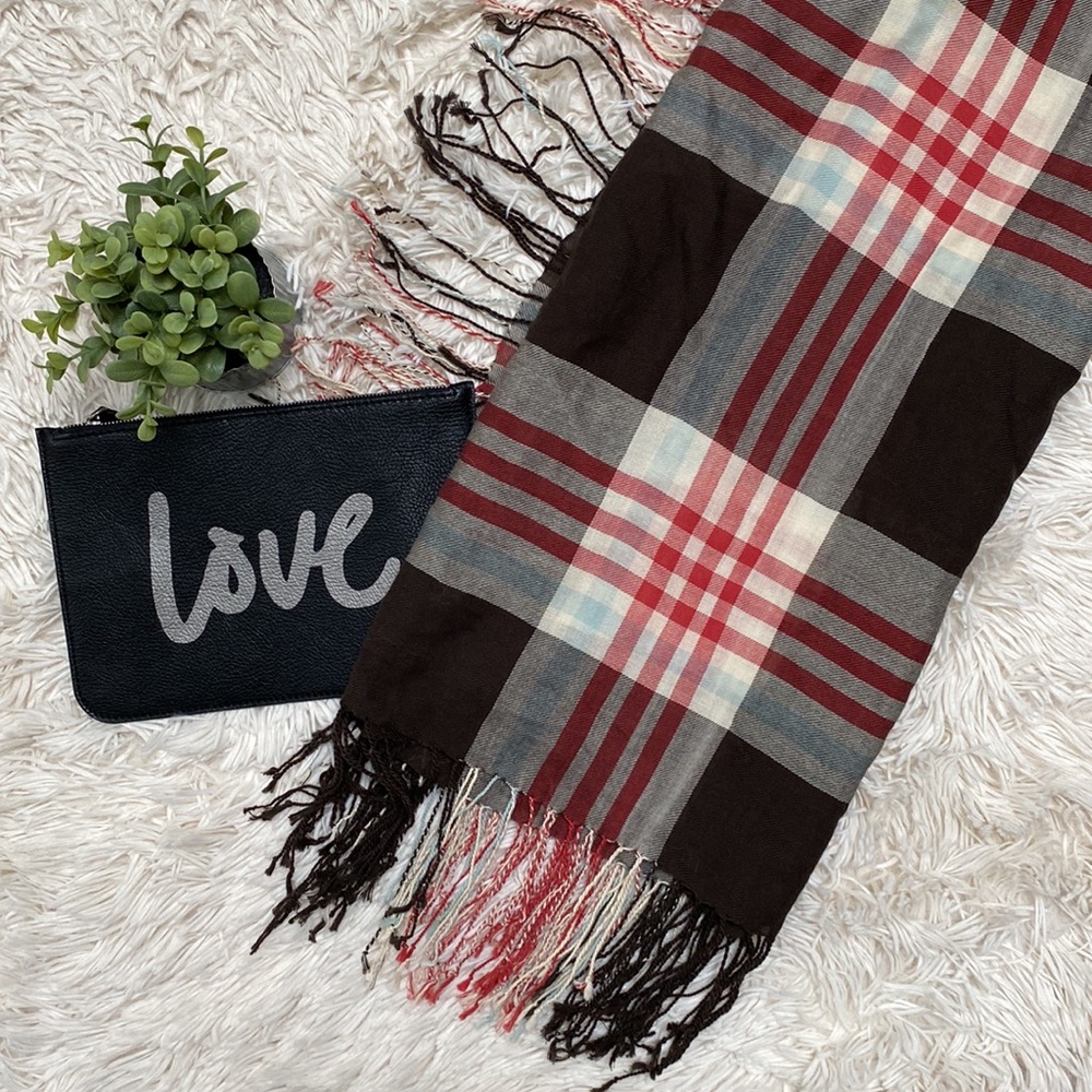 Hollister Fringe Plaid Scarf 💗 Brown Red Tan